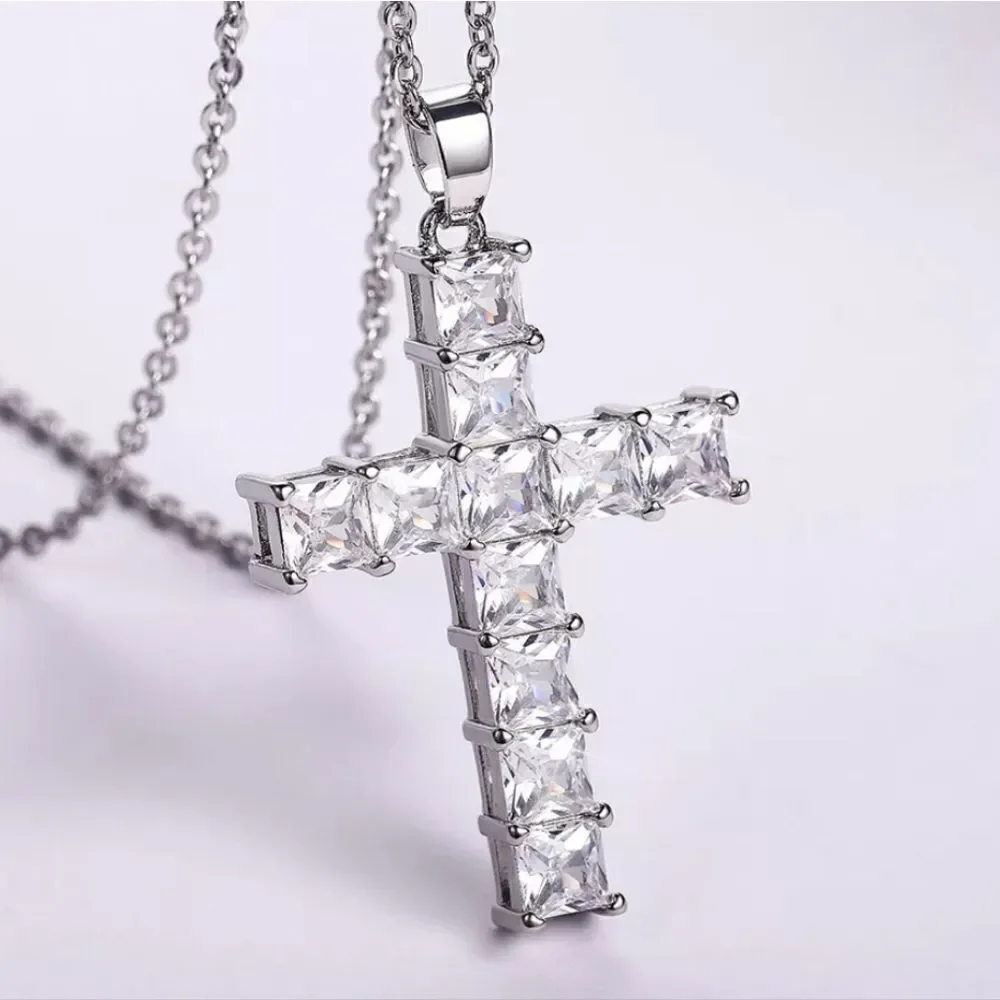 Clear White Halo Diamond Cross Pendant Necklace on 925 Sterling Silver